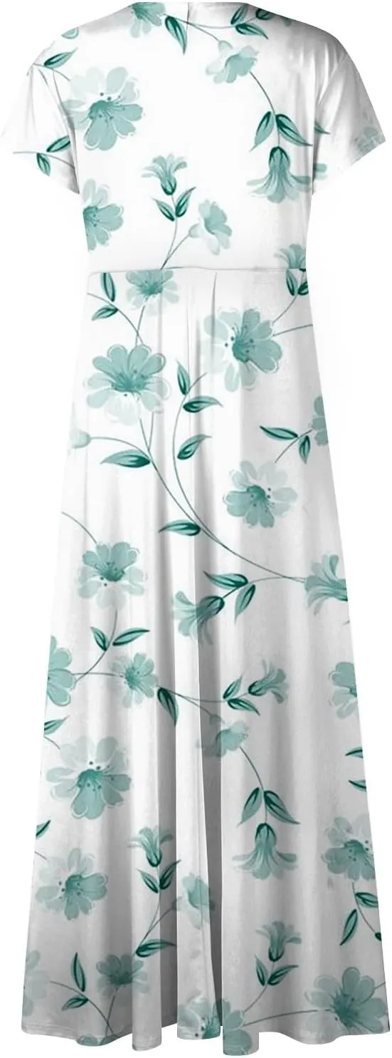 Summer Dresses Women Short Sleeve Maxi Dress Summer Fitted Tight Vintage Floral Print