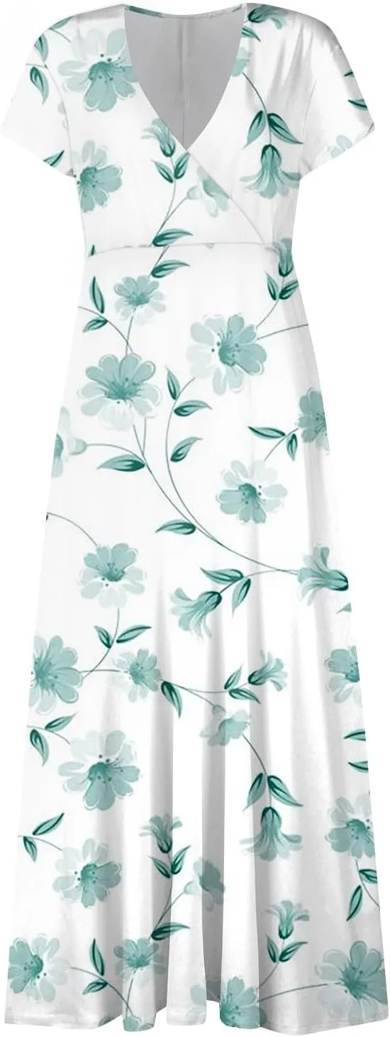 Summer Dresses Women Short Sleeve Maxi Dress Summer Fitted Tight Vintage Floral Print