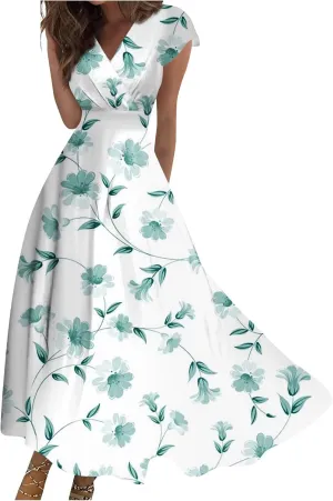 Summer Dresses Women Short Sleeve Maxi Dress Summer Fitted Tight Vintage Floral Print