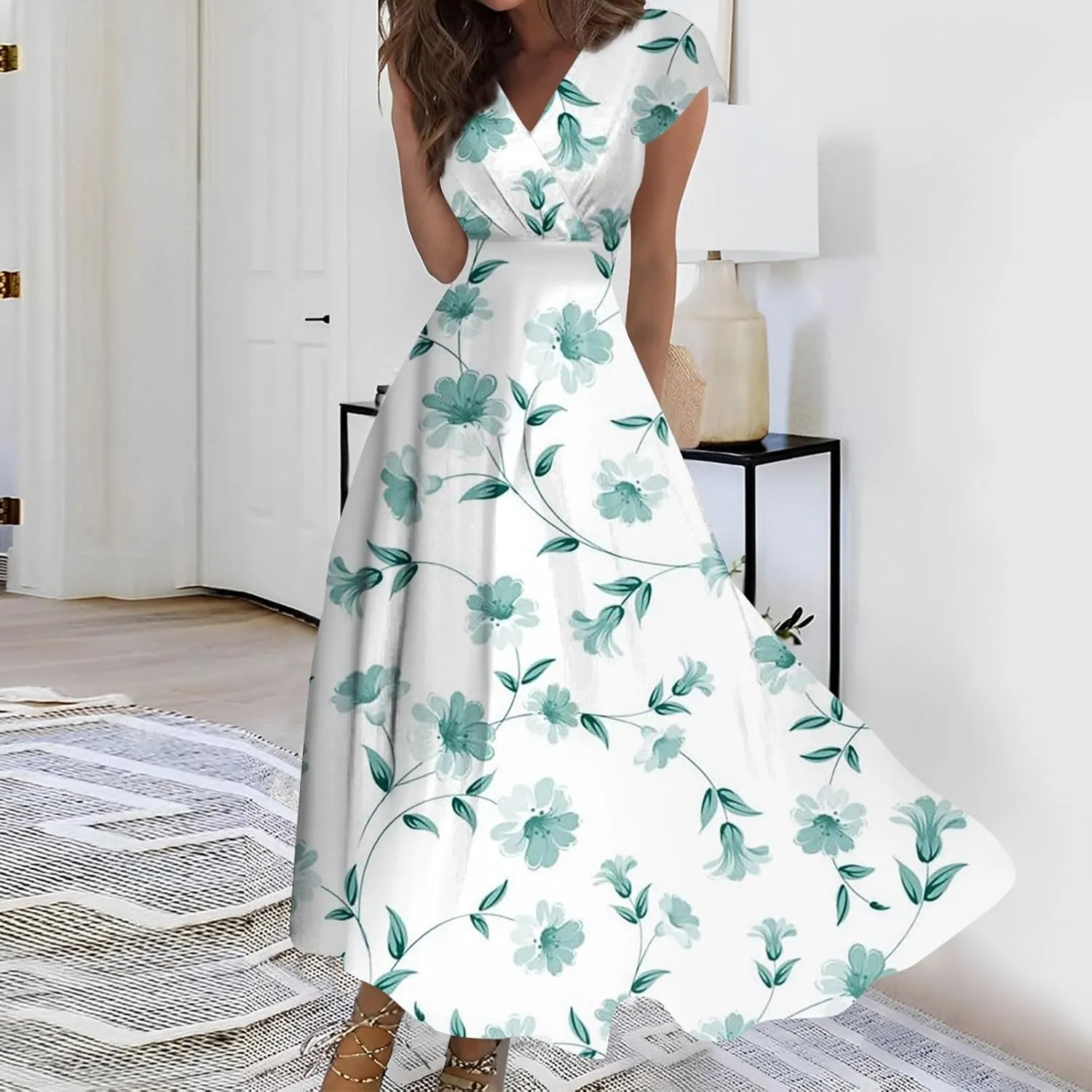 Summer Dresses Women Short Sleeve Maxi Dress Summer Fitted Tight Vintage Floral Print