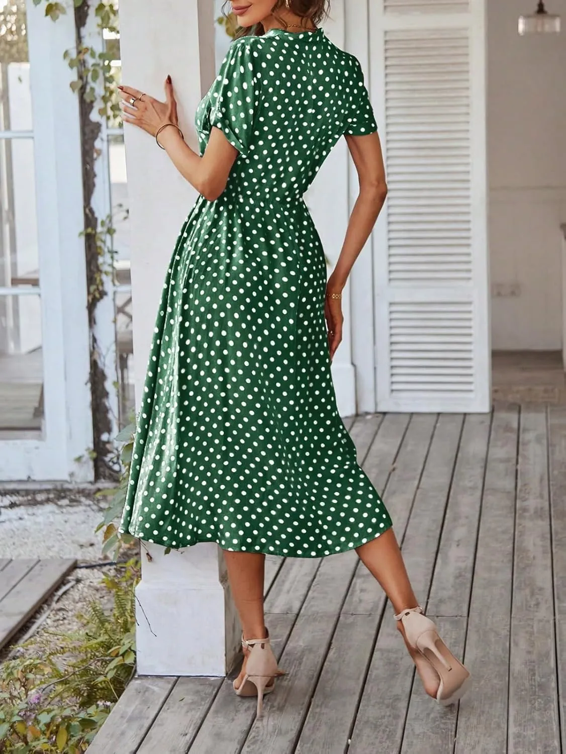 Summer Midi Dresses for Women 2025 Polka Dot Trendy Button Down V Neck Short Sleeve A Line Dresses Tie Empire Waist Frocks