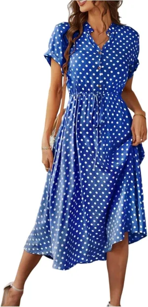 Summer Midi Dresses for Women 2025 Polka Dot Trendy Button Down V Neck Short Sleeve A Line Dresses Tie Empire Waist Frocks