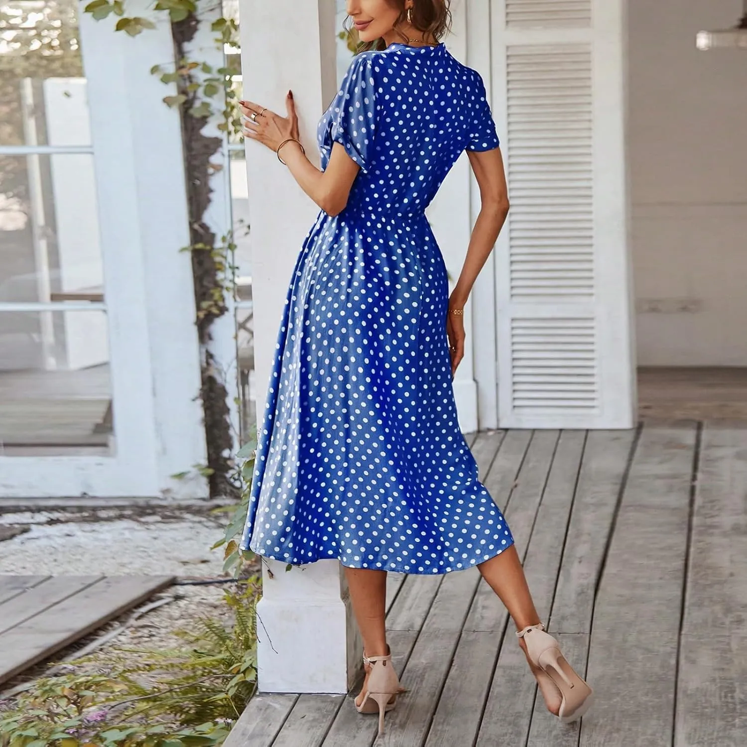 Summer Midi Dresses for Women 2025 Polka Dot Trendy Button Down V Neck Short Sleeve A Line Dresses Tie Empire Waist Frocks