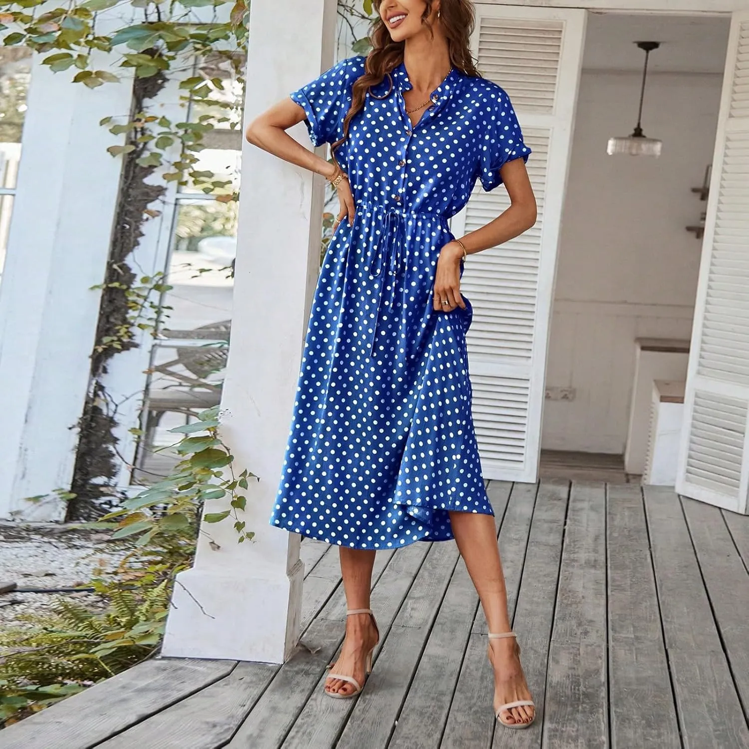 Summer Midi Dresses for Women 2025 Polka Dot Trendy Button Down V Neck Short Sleeve A Line Dresses Tie Empire Waist Frocks