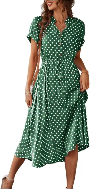 Summer Midi Dresses for Women 2025 Polka Dot Trendy Button Down V Neck Short Sleeve A Line Dresses Tie Empire Waist Frocks