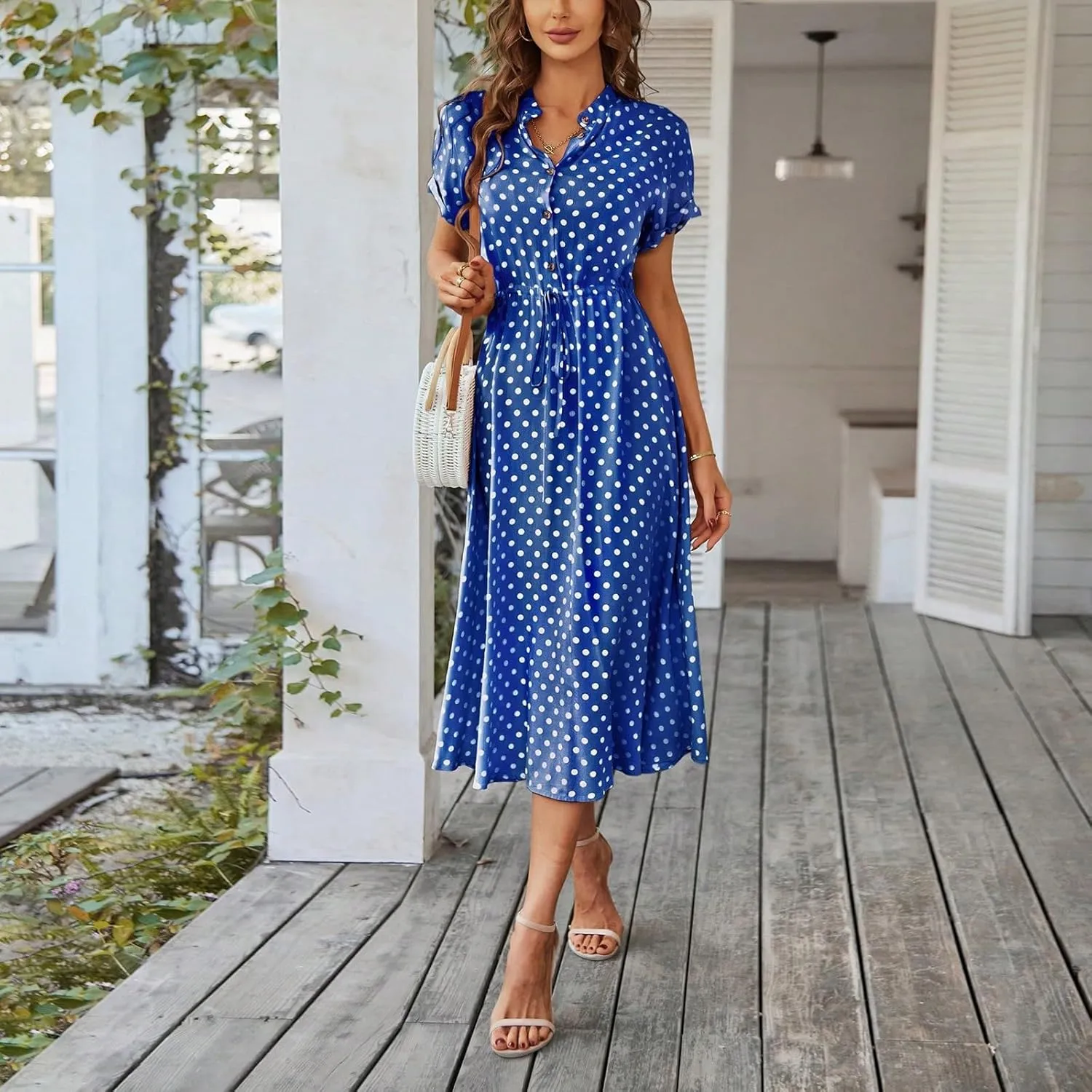 Summer Midi Dresses for Women 2025 Polka Dot Trendy Button Down V Neck Short Sleeve A Line Dresses Tie Empire Waist Frocks