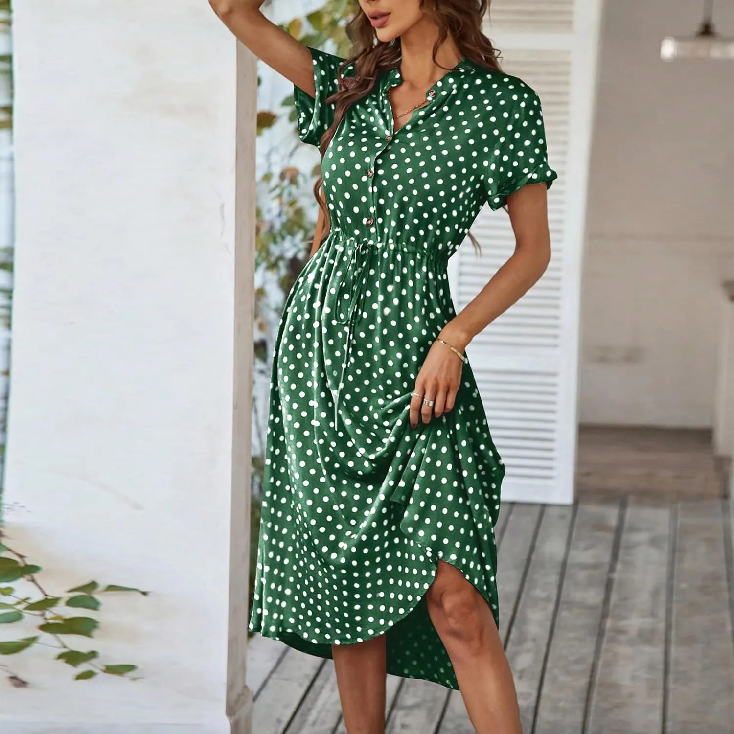 Summer Midi Dresses for Women 2025 Polka Dot Trendy Button Down V Neck Short Sleeve A Line Dresses Tie Empire Waist Frocks