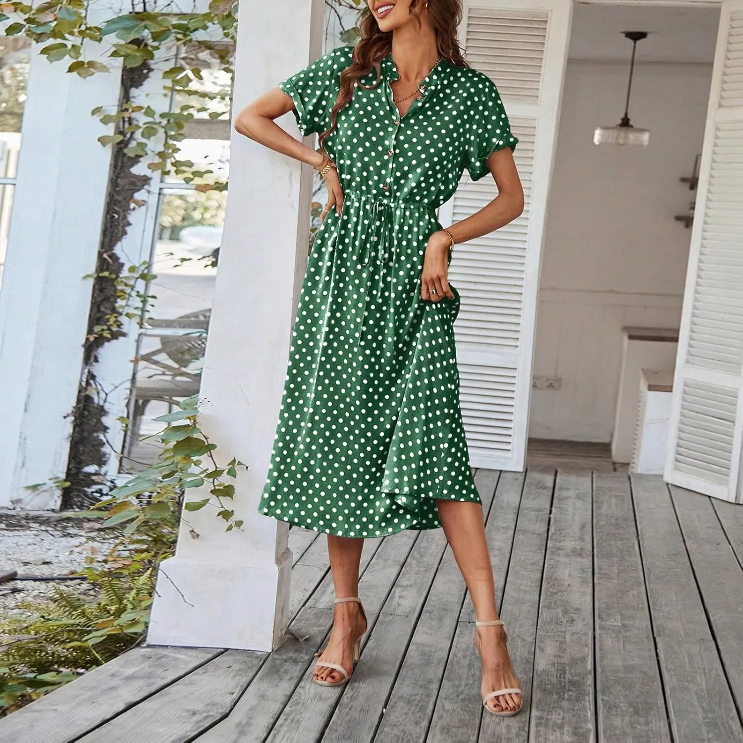 Summer Midi Dresses for Women 2025 Polka Dot Trendy Button Down V Neck Short Sleeve A Line Dresses Tie Empire Waist Frocks