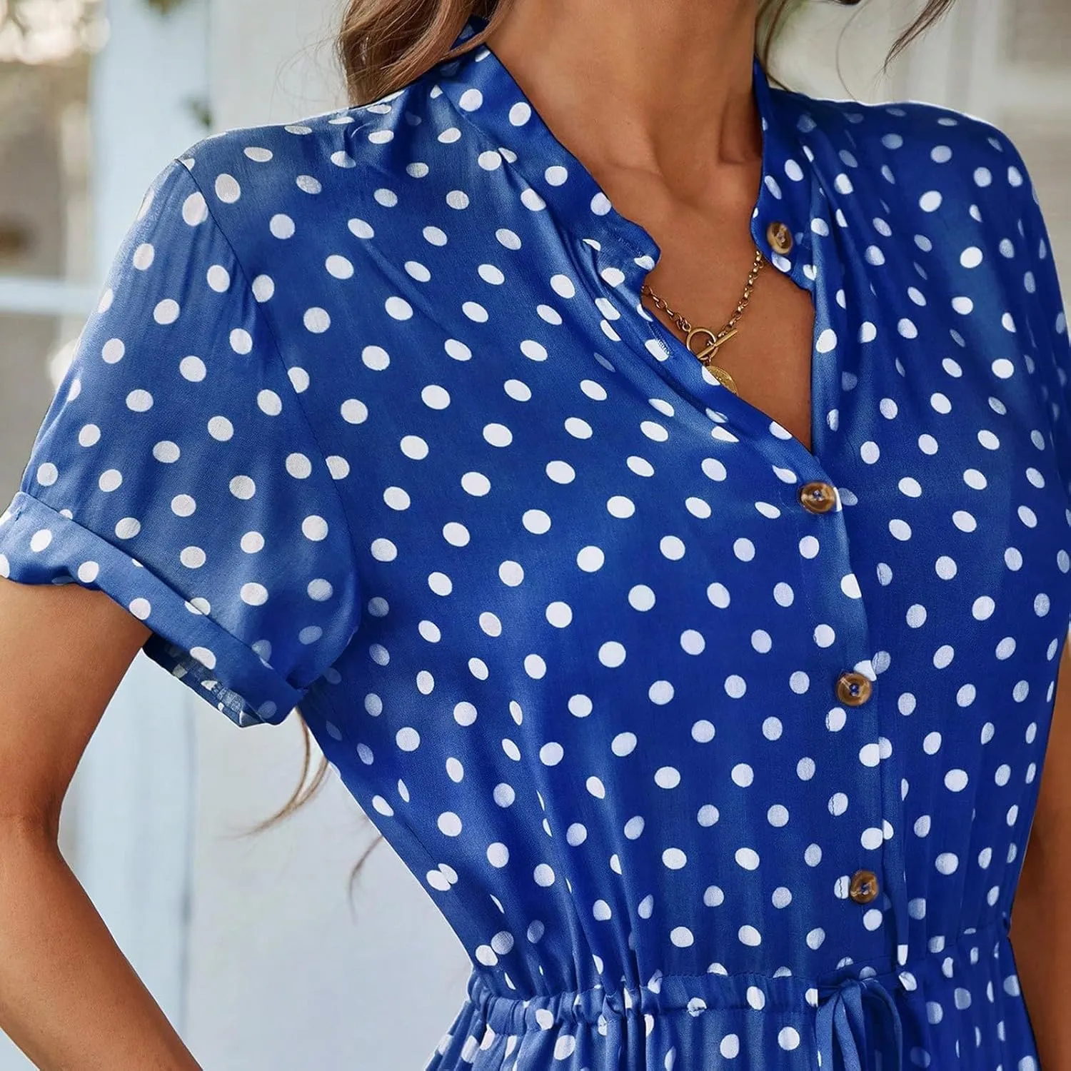 Summer Midi Dresses for Women 2025 Polka Dot Trendy Button Down V Neck Short Sleeve A Line Dresses Tie Empire Waist Frocks