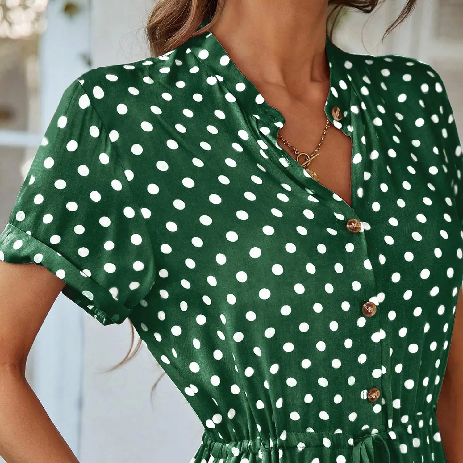 Summer Midi Dresses for Women 2025 Polka Dot Trendy Button Down V Neck Short Sleeve A Line Dresses Tie Empire Waist Frocks