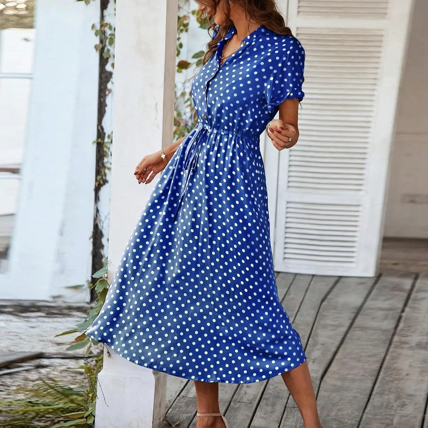 Summer Midi Dresses for Women 2025 Polka Dot Trendy Button Down V Neck Short Sleeve A Line Dresses Tie Empire Waist Frocks