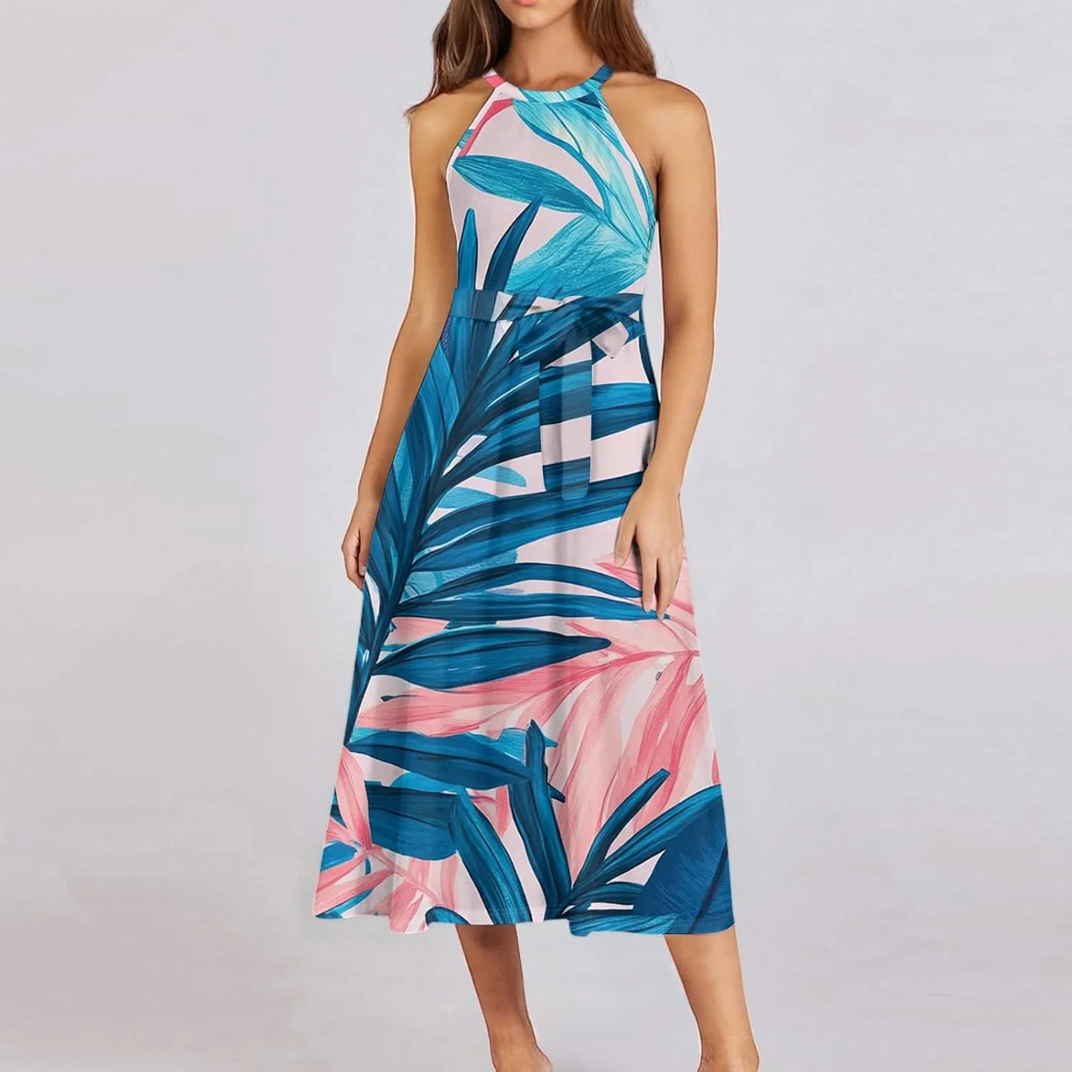 Summer Midi Halter Floral Dresses for Women 2025 Vacation Tie Empire Waist Flowy A Line Sundress Sleeveless Frocks