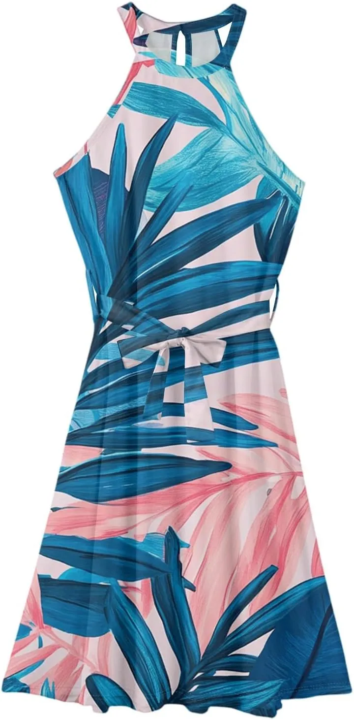 Summer Midi Halter Floral Dresses for Women 2025 Vacation Tie Empire Waist Flowy A Line Sundress Sleeveless Frocks