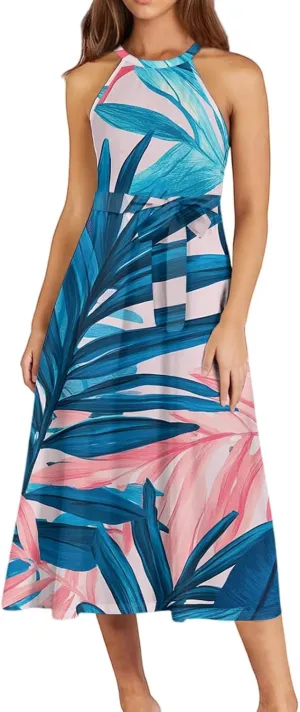 Summer Midi Halter Floral Dresses for Women 2025 Vacation Tie Empire Waist Flowy A Line Sundress Sleeveless Frocks