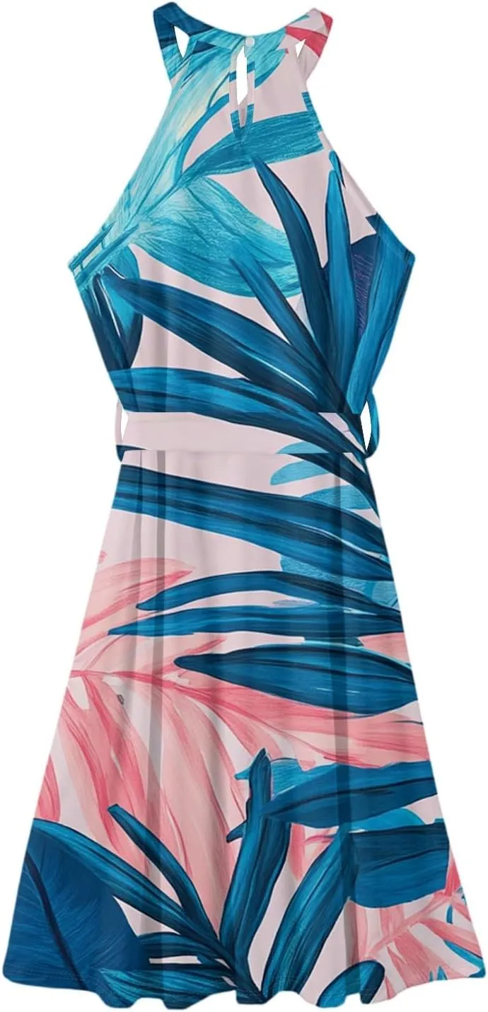 Summer Midi Halter Floral Dresses for Women 2025 Vacation Tie Empire Waist Flowy A Line Sundress Sleeveless Frocks