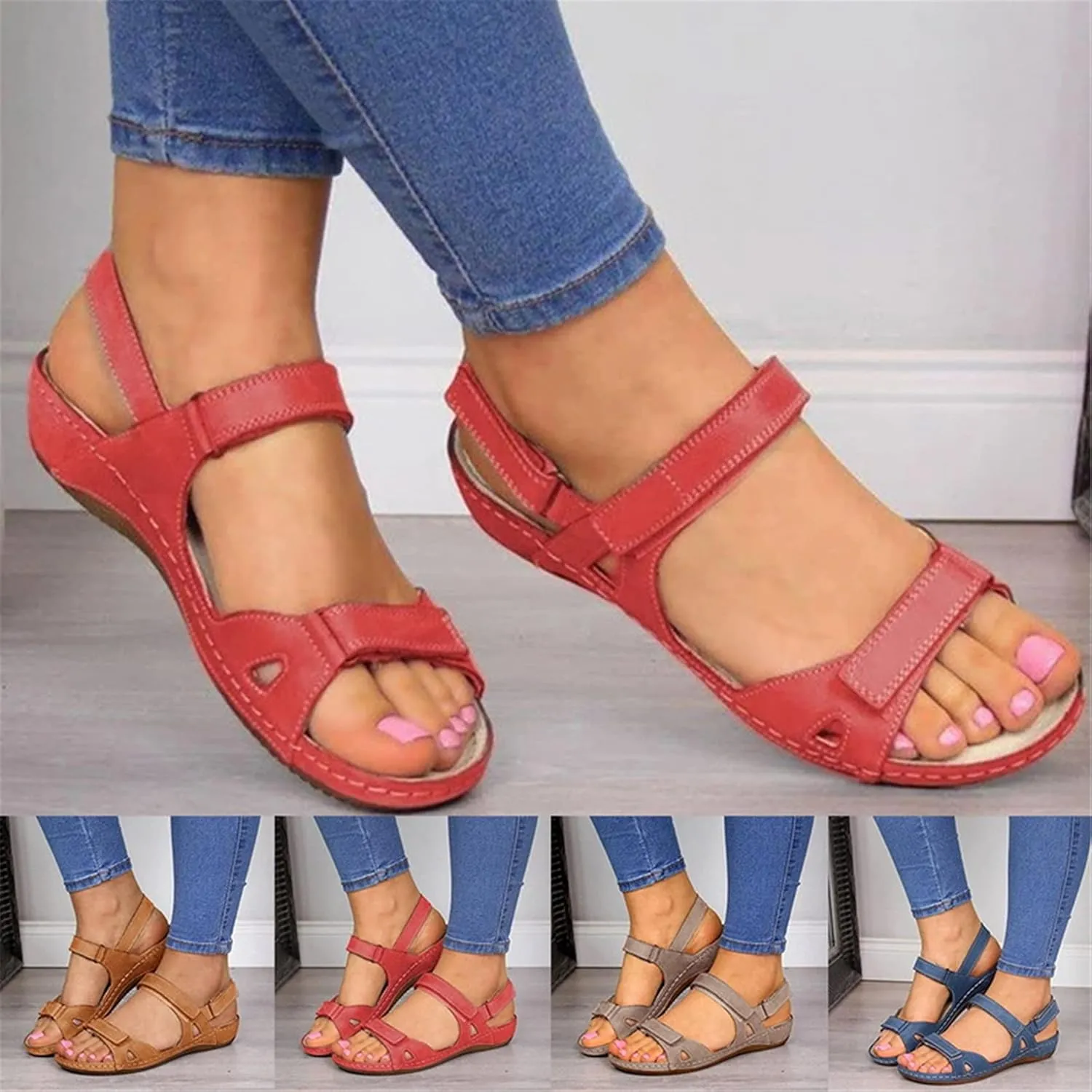 Summer Orthopedic Sandals for Women Orthopedic Correction Leather Ring Toe Casual Bunion Slippers Shoes Flat Heel Flip Flops,Red,US5/EU36