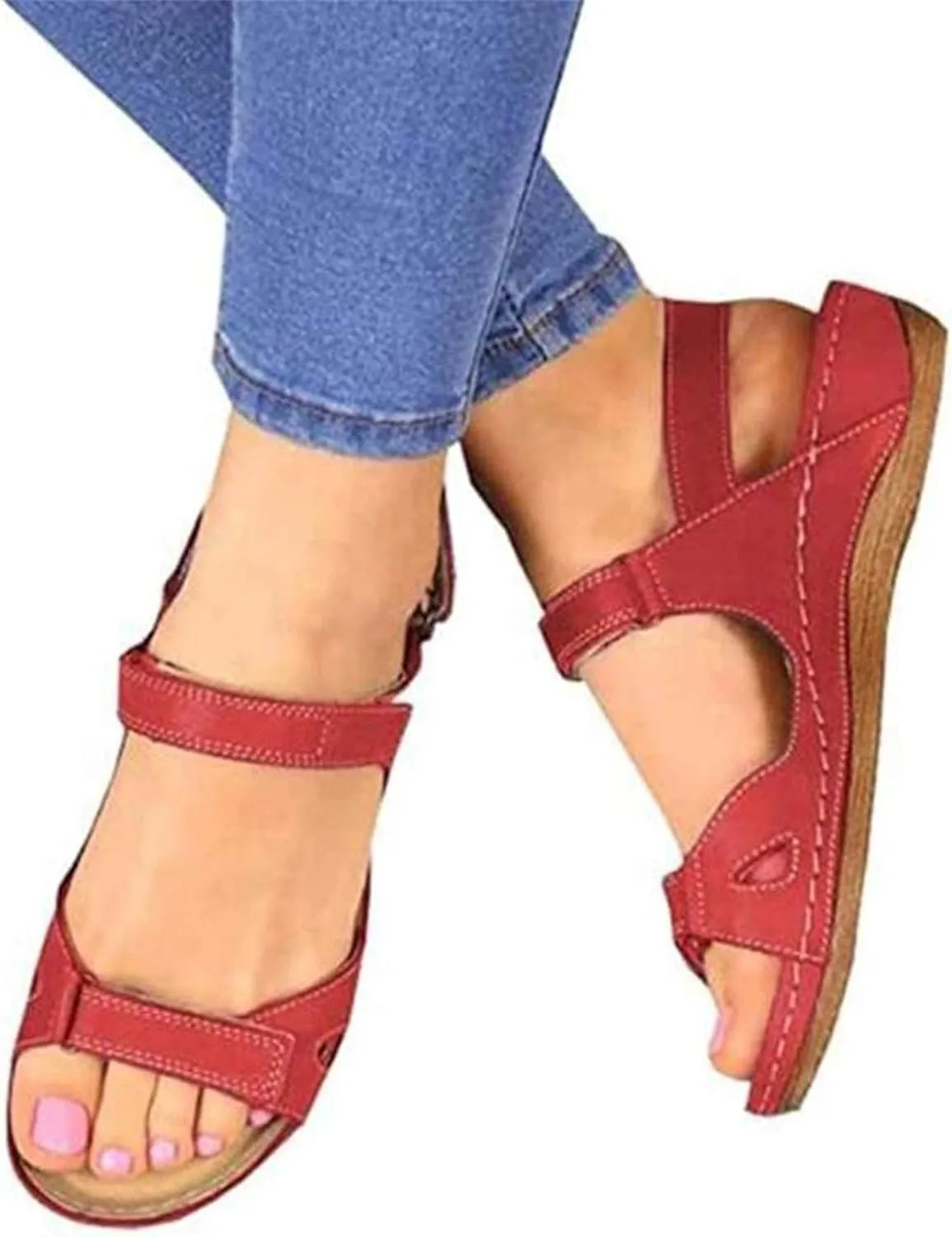 Summer Orthopedic Sandals for Women Orthopedic Correction Leather Ring Toe Casual Bunion Slippers Shoes Flat Heel Flip Flops,Red,US5/EU36