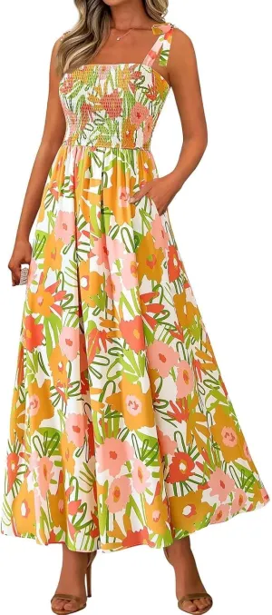 Summer Sun Dresses for Women 2025 Tie Shoulder Floral Maxi Dress A Line Ruffle Smocked Empire Waist Dress with Pocket
