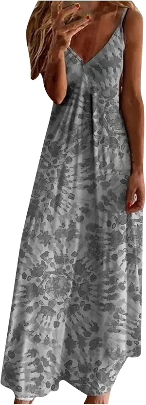 Sun Dresses for Women Casual Floral Spaghetti Strap Sundress Summer Boho Floral Print V Neck Sexy Long Maxi Dress