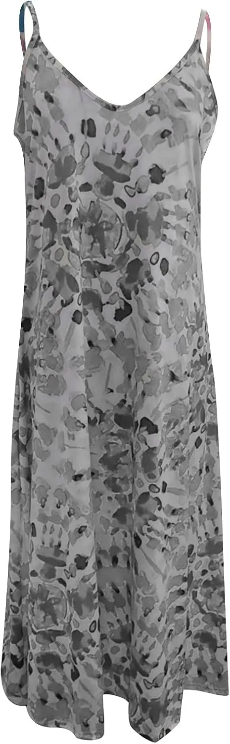 Sun Dresses for Women Casual Floral Spaghetti Strap Sundress Summer Boho Floral Print V Neck Sexy Long Maxi Dress
