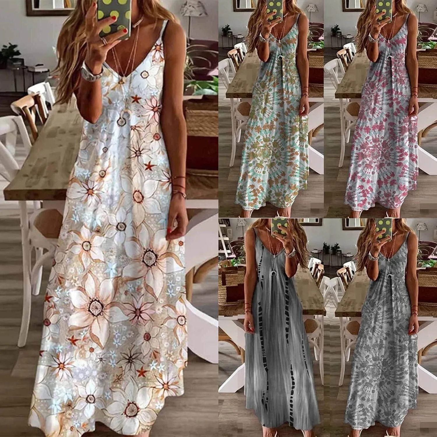 Sun Dresses for Women Casual Floral Spaghetti Strap Sundress Summer Boho Floral Print V Neck Sexy Long Maxi Dress