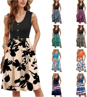 Sundress for Women-2025 Summer Fashion Patchwork Swing Button Down Sleeveless Midi Vacation Dresses with Pockets