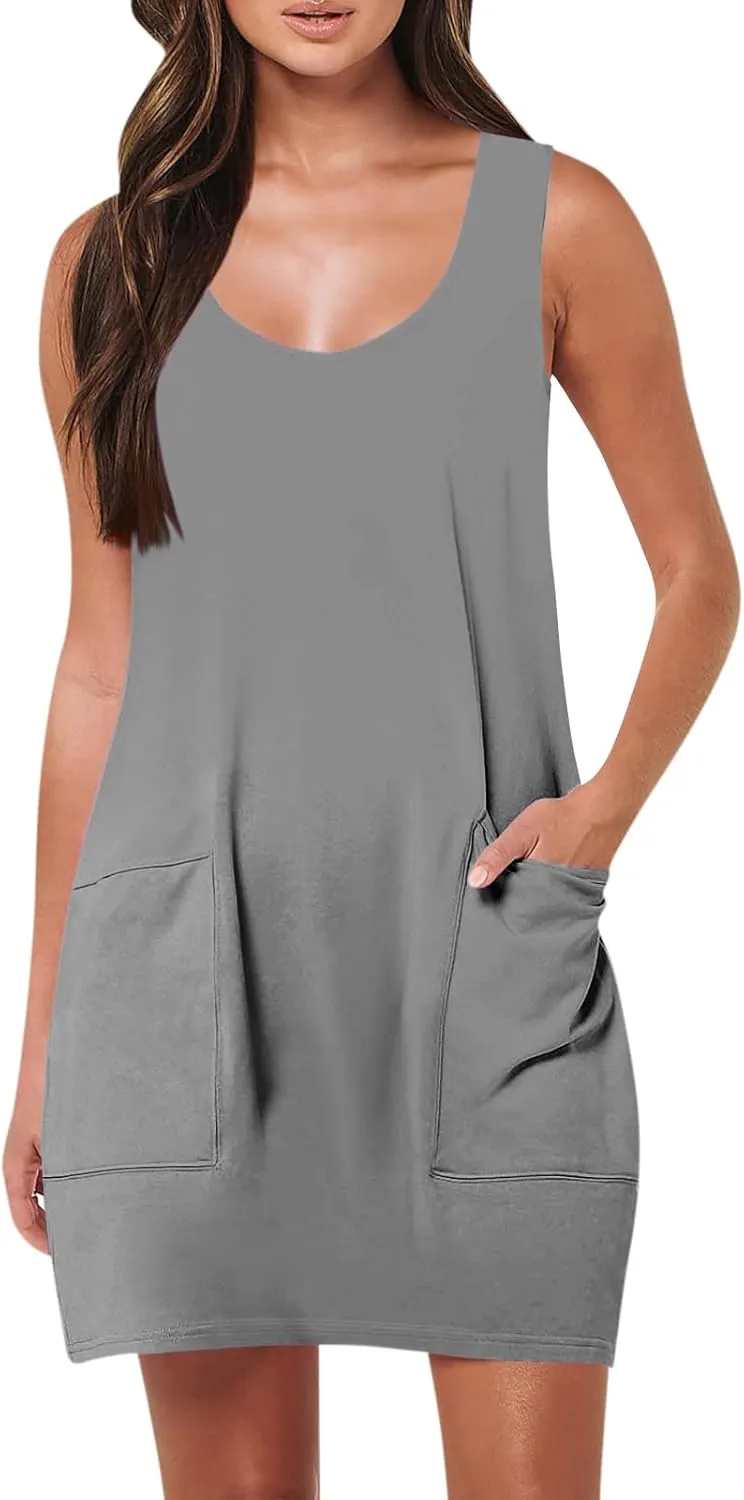 Sundresses for Women 2024 Summer Casual Sleeveless Mini Dress with Pockets Boho Beach Dress Vacation Tank Dresses
