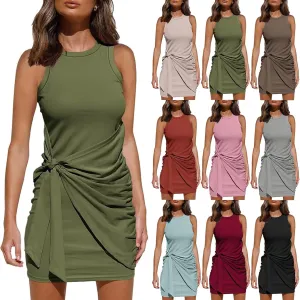Sundresses for Women 2024 Summer Casual Sleeveless Wrap Beach Dress Ruched Tie Waist Mini Dress Vacation Tank Dresses