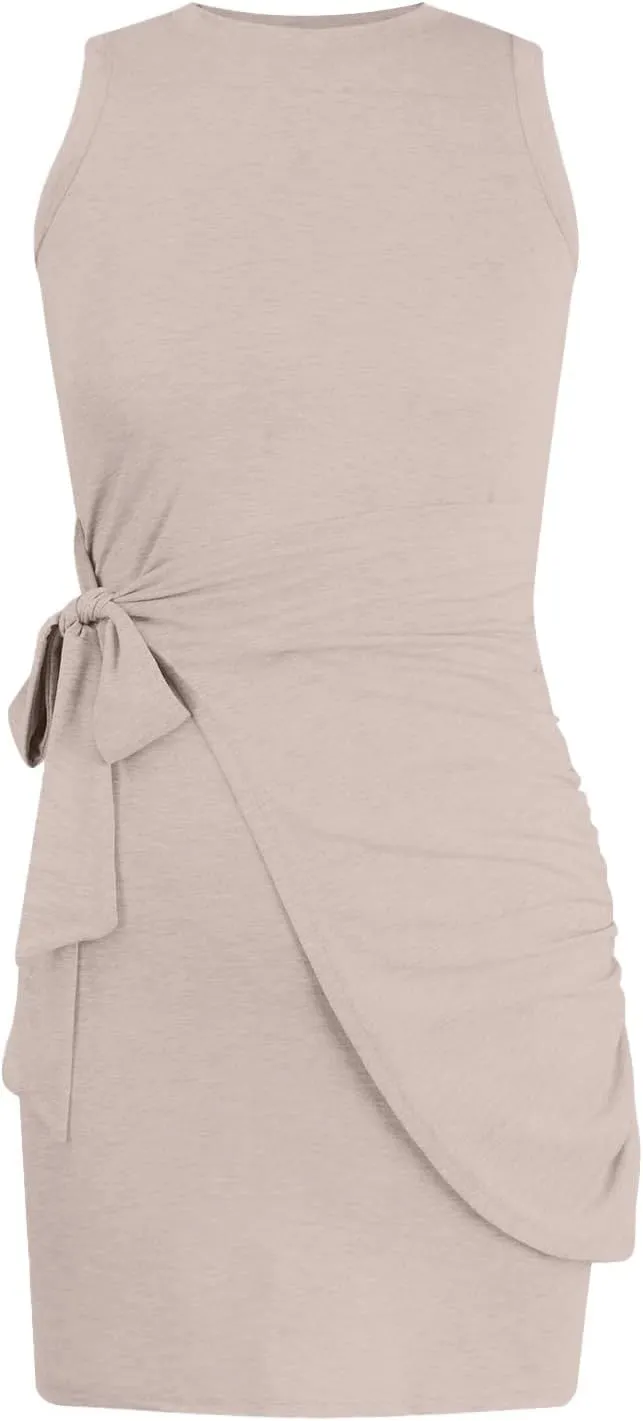 Sundresses for Women 2024 Summer Casual Sleeveless Wrap Beach Dress Ruched Tie Waist Mini Dress Vacation Tank Dresses