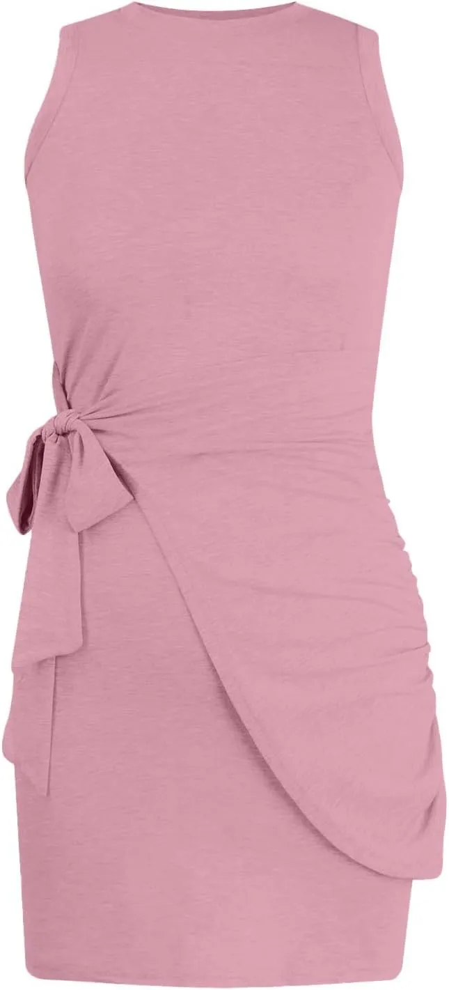 Sundresses for Women 2024 Summer Casual Sleeveless Wrap Beach Dress Ruched Tie Waist Mini Dress Vacation Tank Dresses