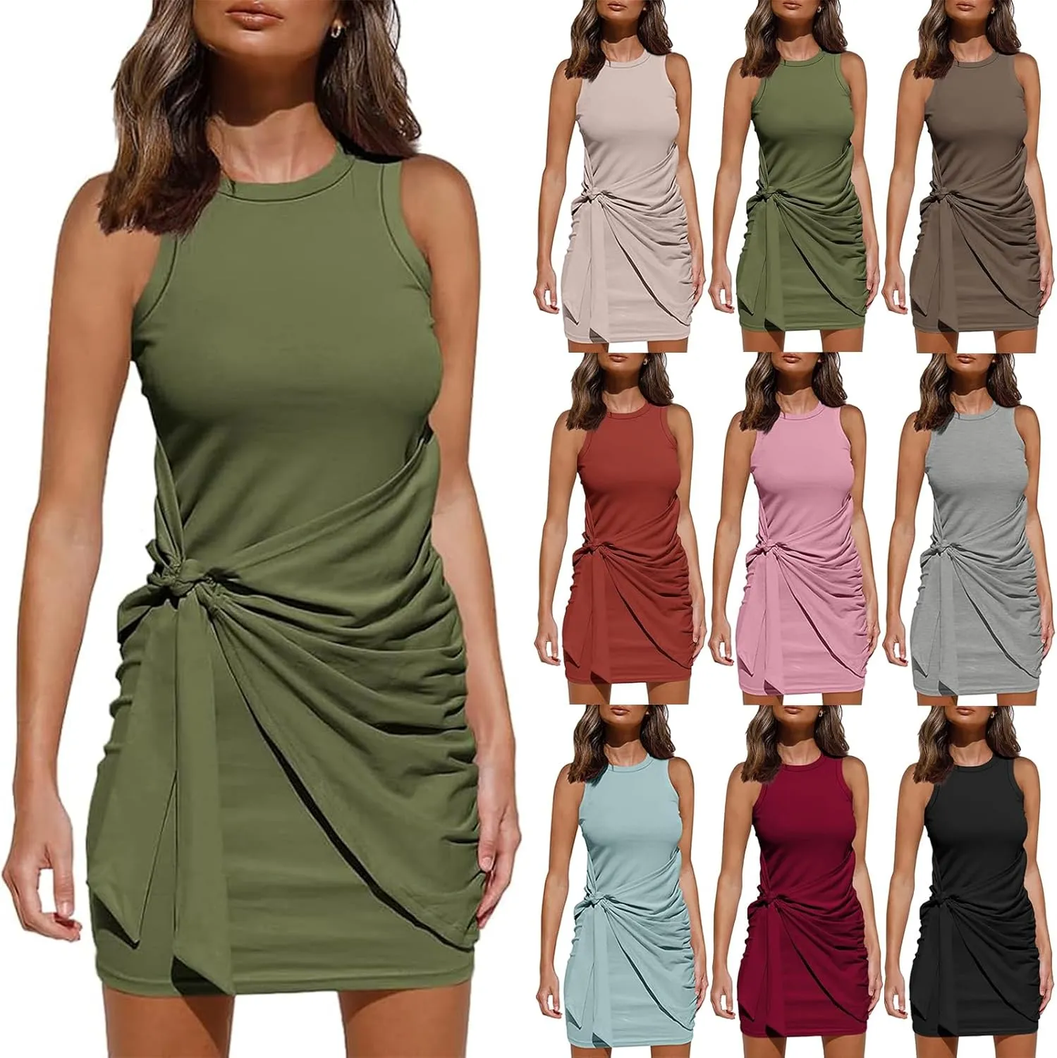 Sundresses for Women 2024 Summer Casual Sleeveless Wrap Beach Dress Ruched Tie Waist Mini Dress Vacation Tank Dresses
