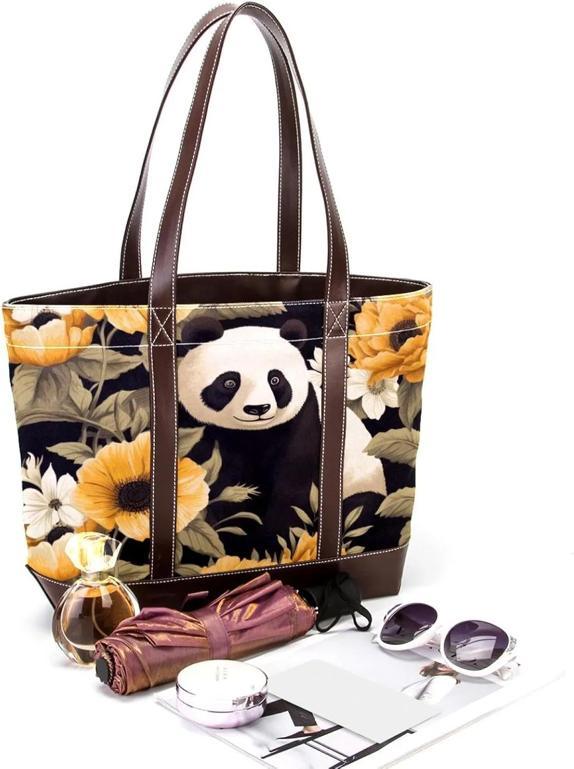 Sunflower Panda-595 Tote Bags Durable Leather Canvas Purses and Handbags for Women Top Handle Shoulder Satchel Hobo Bags