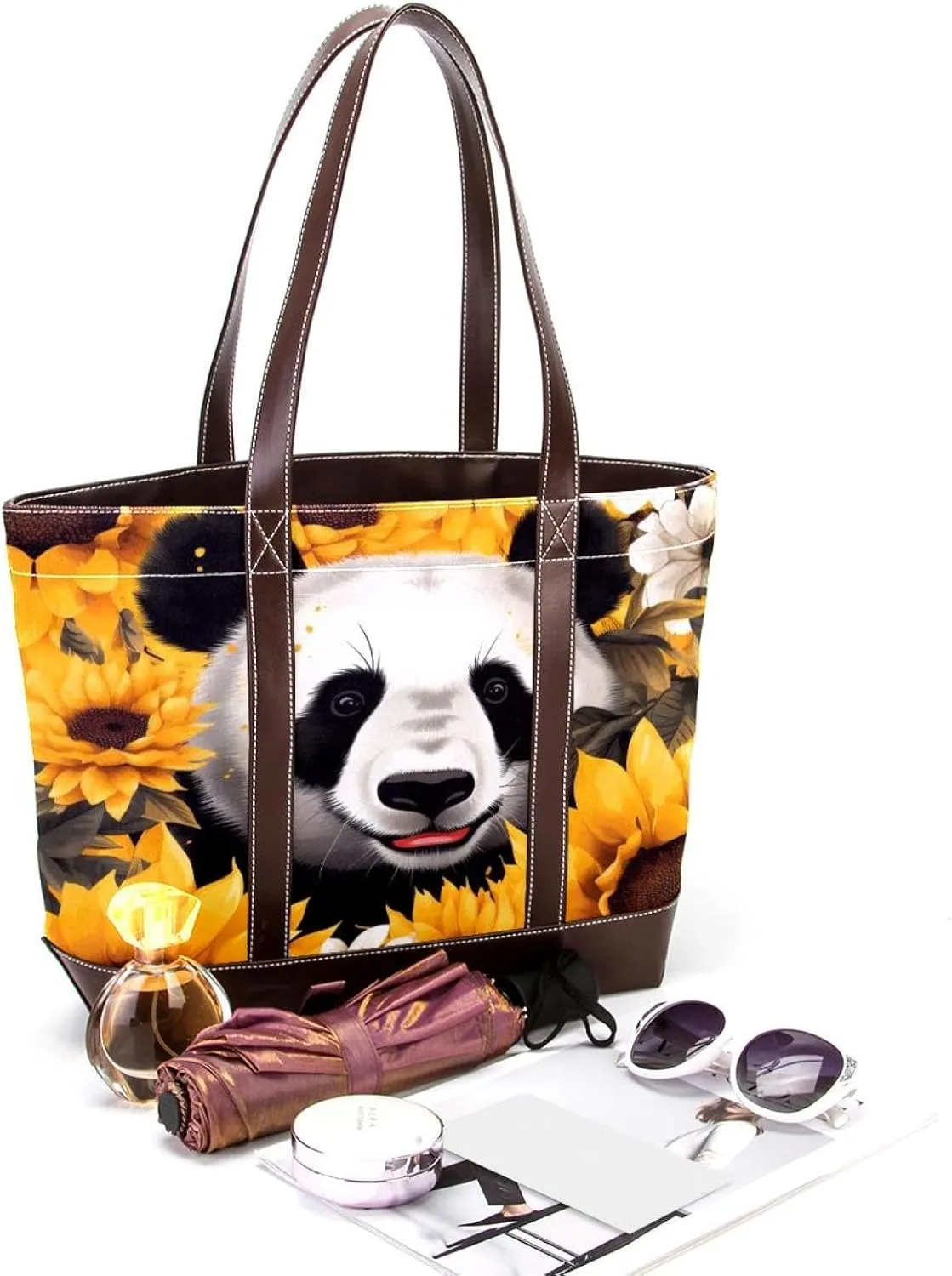 Sunflower Panda-595 Tote Bags Durable Leather Canvas Purses and Handbags for Women Top Handle Shoulder Satchel Hobo Bags
