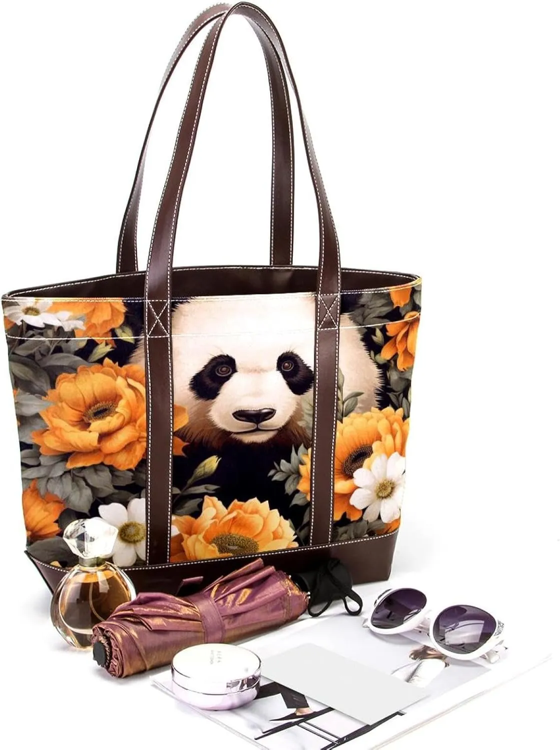 Sunflower Panda-595 Tote Bags Durable Leather Canvas Purses and Handbags for Women Top Handle Shoulder Satchel Hobo Bags