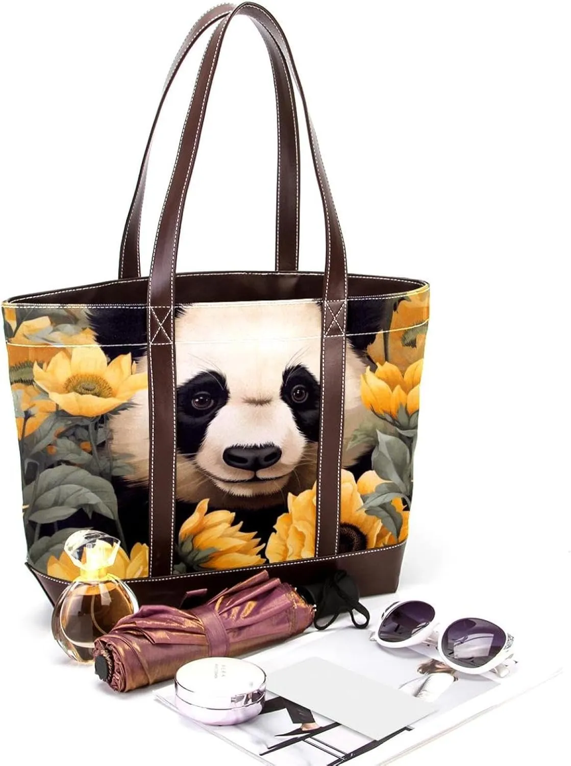 Sunflower Panda-595 Tote Bags Durable Leather Canvas Purses and Handbags for Women Top Handle Shoulder Satchel Hobo Bags