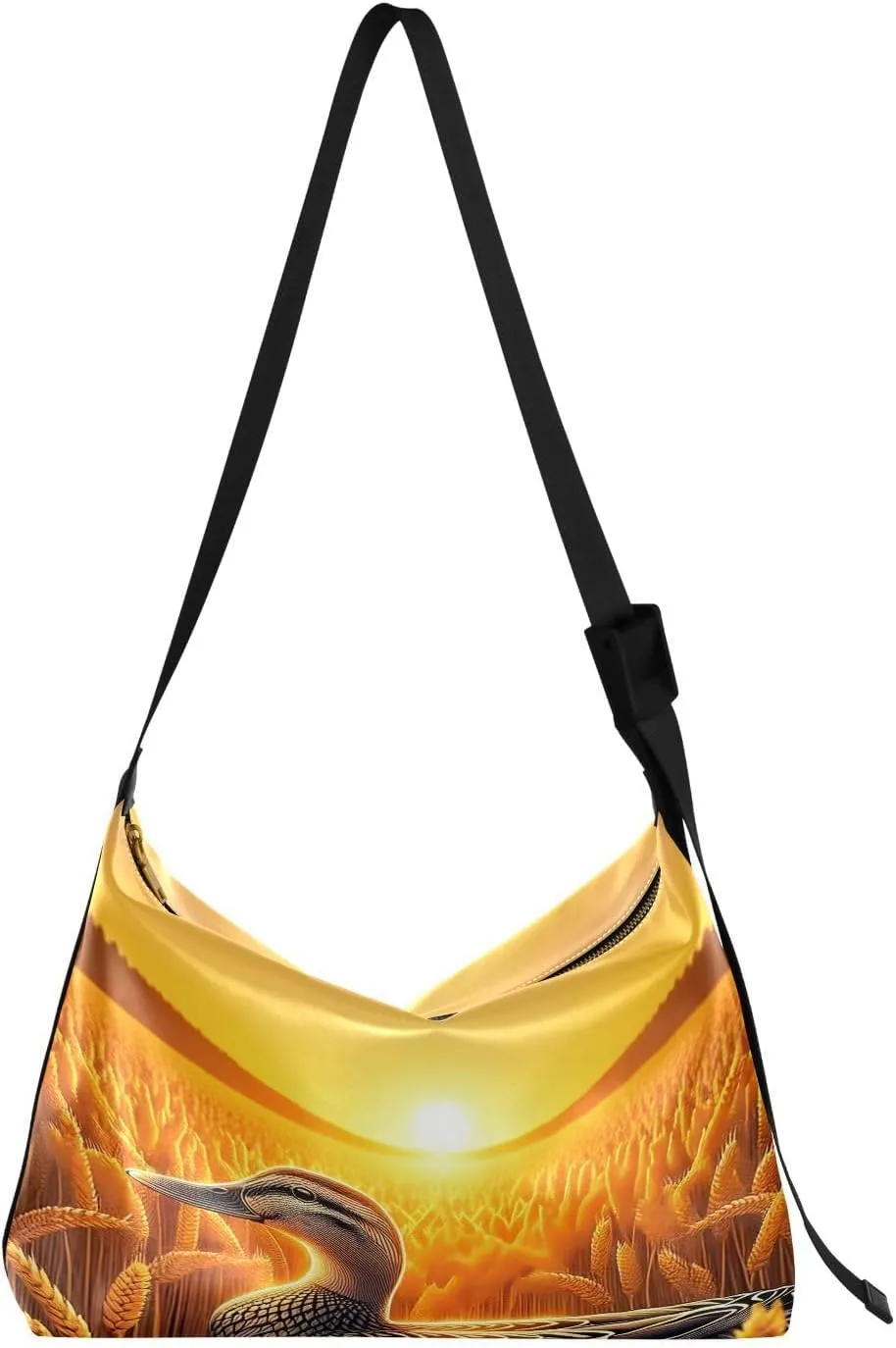 Sunset Duck Hobo Crossbody Bags for Women Leather Large Shoulder Bag Cross Body Wheat Field Scene Trendy Womens Tote Bags Handbag for Travel Shopping