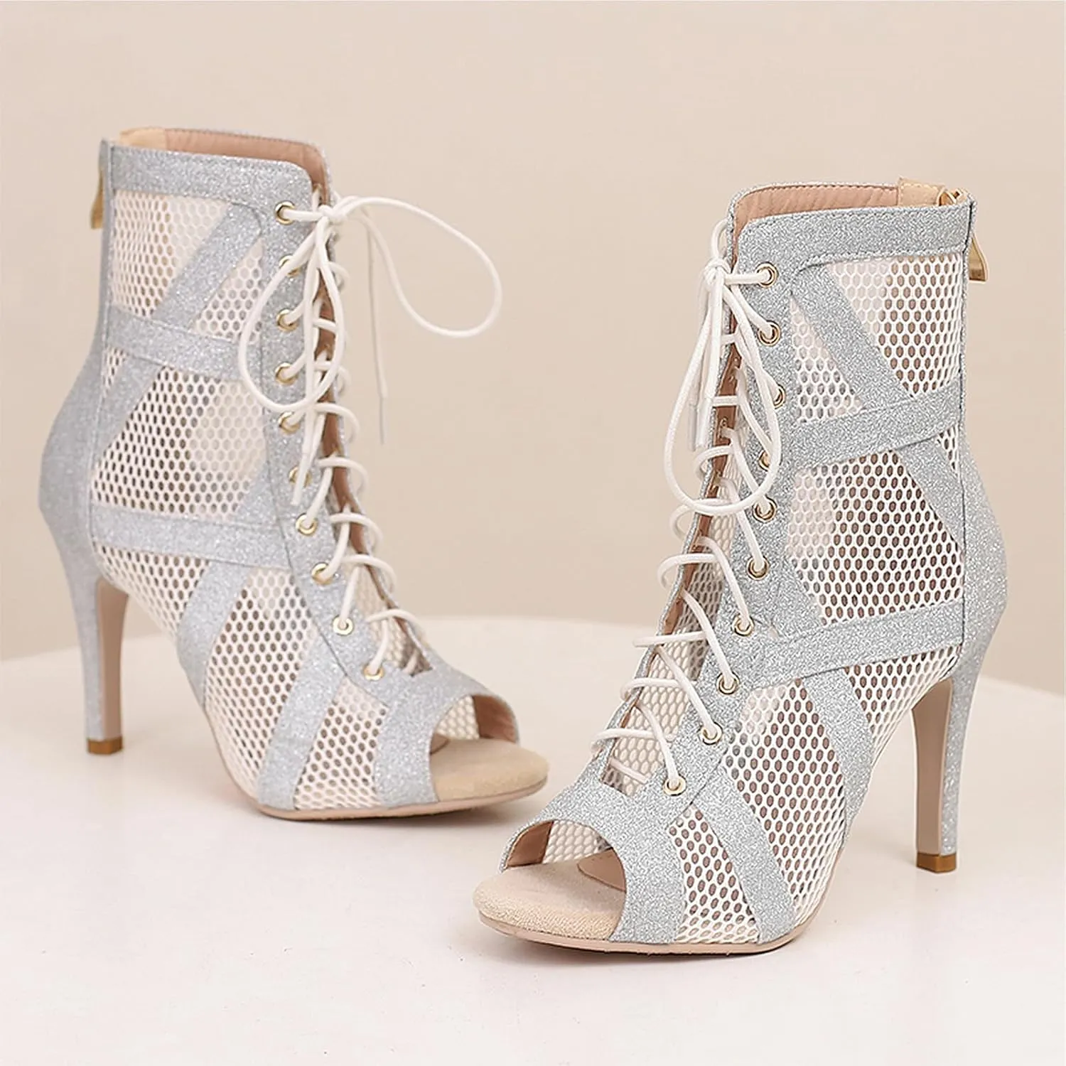 SWDZM Open Toe Dance Boots Women Latin Ballroom Lace-up Dance Shoes