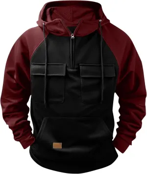 Tactical Sweatshirts for Men Quarter Zip Hoodie Retro Western Drawstring Long Sleeve Sweatshirt Hoodie
