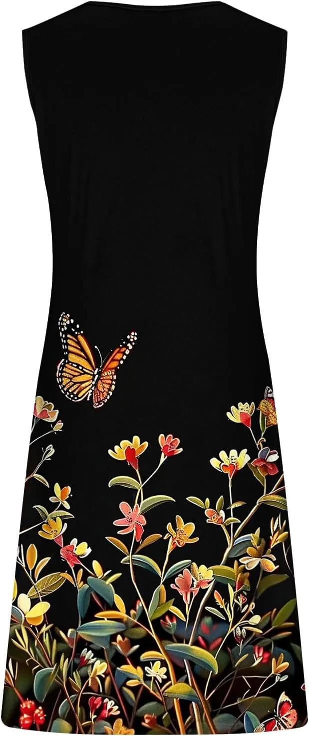 TANGNADE Summer Dresses for Women 2024 Trendy Boho Floral Print Beach Tank Dresses Casual Sleeveless Sundresses