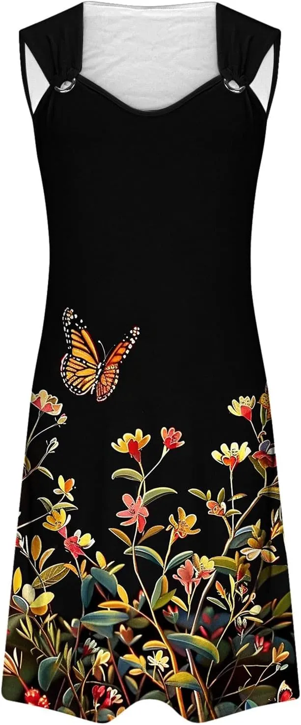 TANGNADE Summer Dresses for Women 2024 Trendy Boho Floral Print Beach Tank Dresses Casual Sleeveless Sundresses