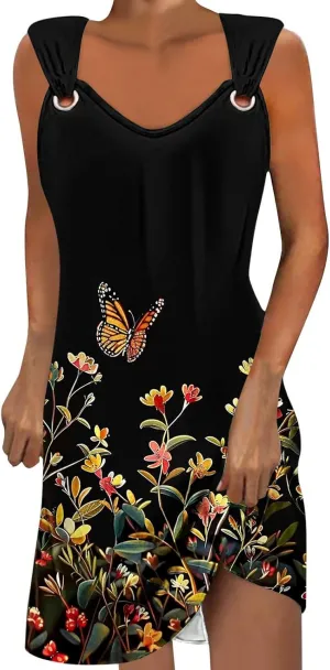 TANGNADE Summer Dresses for Women 2024 Trendy Boho Floral Print Beach Tank Dresses Casual Sleeveless Sundresses