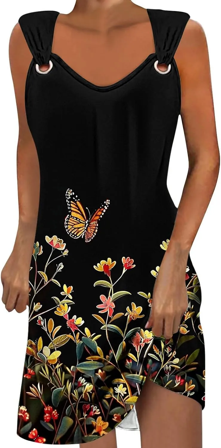 TANGNADE Summer Dresses for Women 2024 Trendy Boho Floral Print Beach Tank Dresses Casual Sleeveless Sundresses