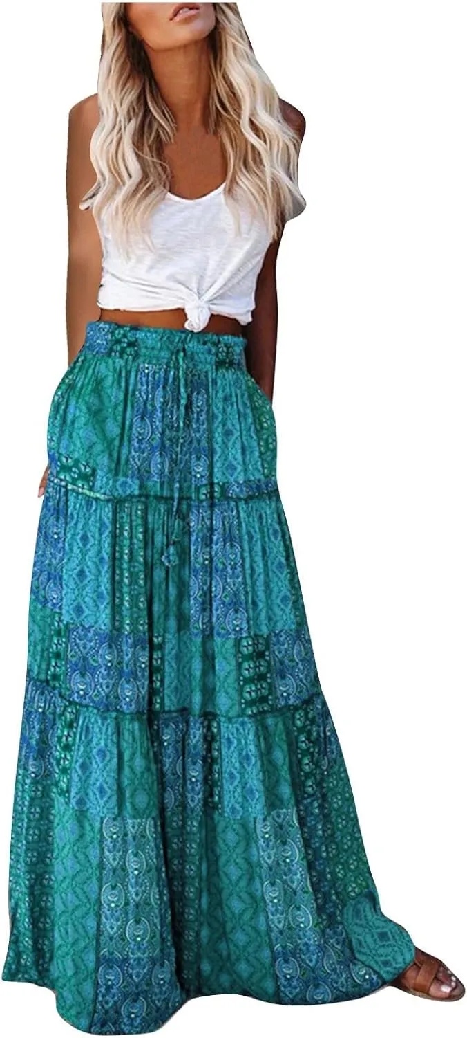 TANGNADE Women Boho Maxi Skirt High Waisted Floral Print Summer Beach Tiered Peasant Bohemian Skirts Swing A-line Skirt