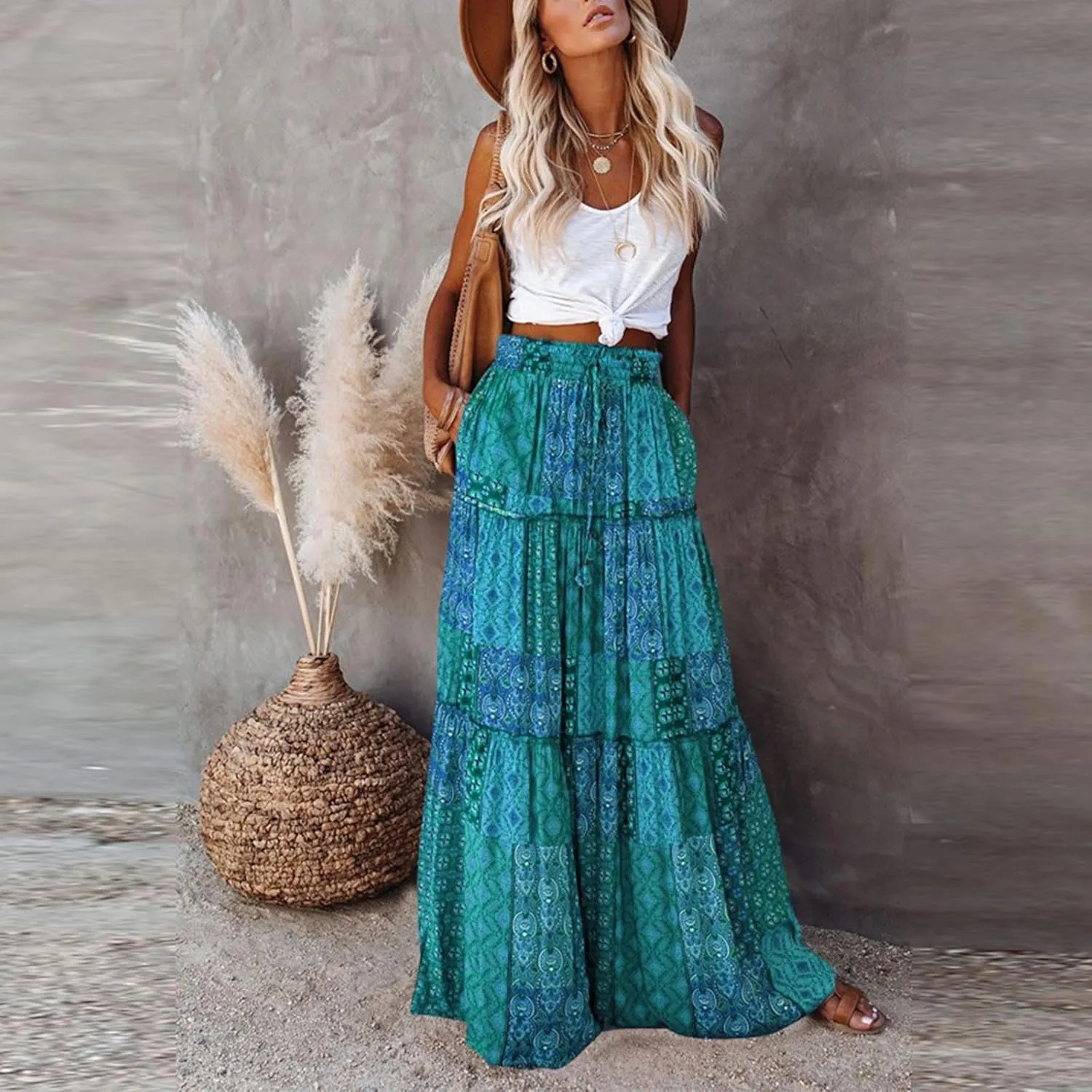TANGNADE Women Boho Maxi Skirt High Waisted Floral Print Summer Beach Tiered Peasant Bohemian Skirts Swing A-line Skirt