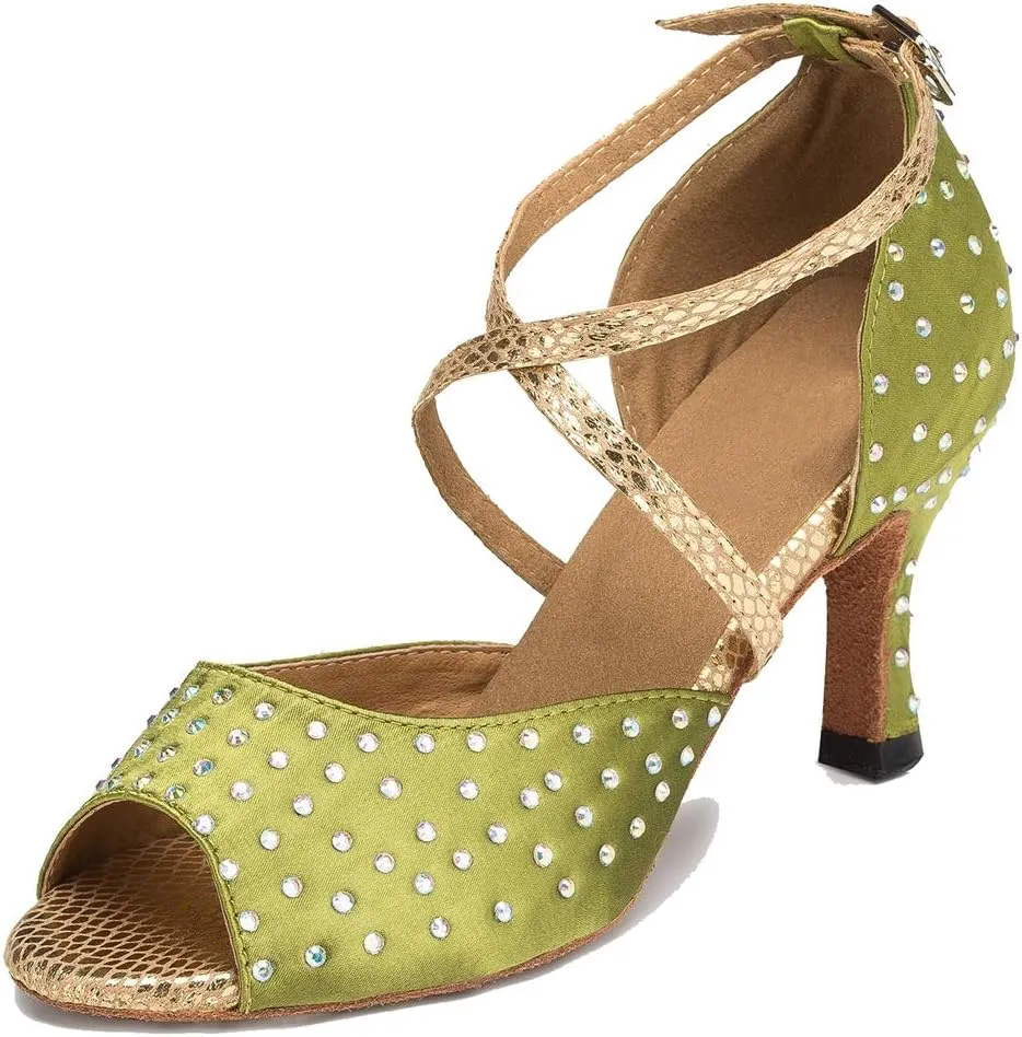 TDA Women's Peep Toe Cross strap Satin Rhinestones Latin Salsa Tango Character Modern Dance Wedding Shoes