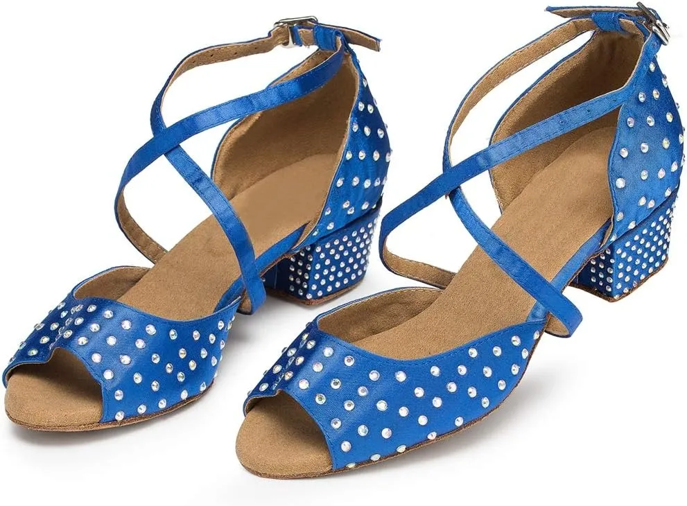 TDA Women's Peep Toe Cross strap Satin Rhinestones Latin Salsa Tango Character Modern Dance Wedding Shoes