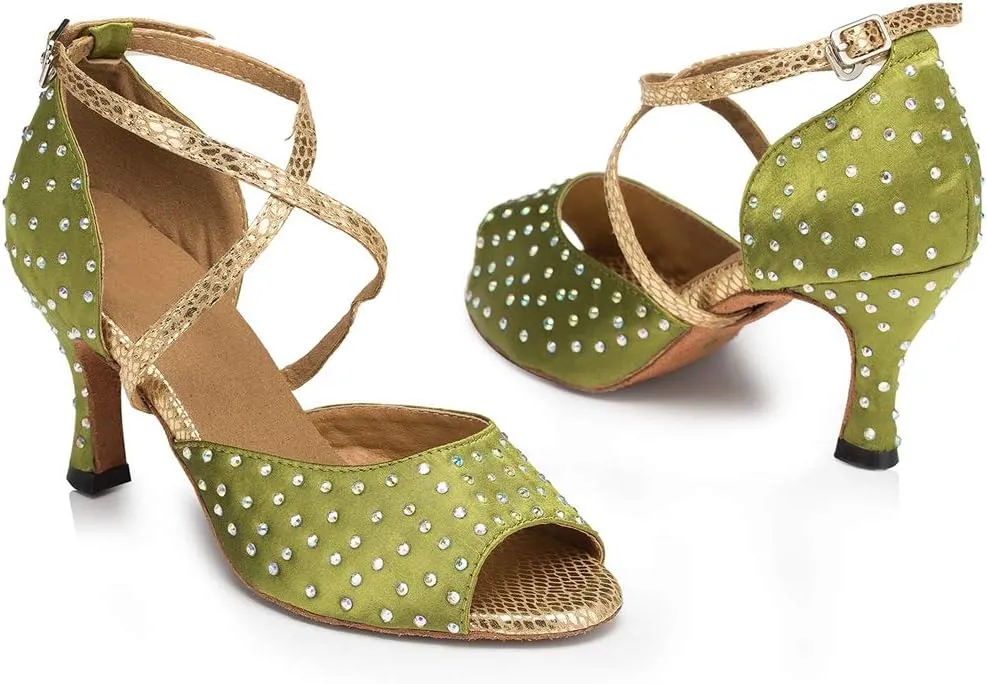 TDA Women's Peep Toe Cross strap Satin Rhinestones Latin Salsa Tango Character Modern Dance Wedding Shoes