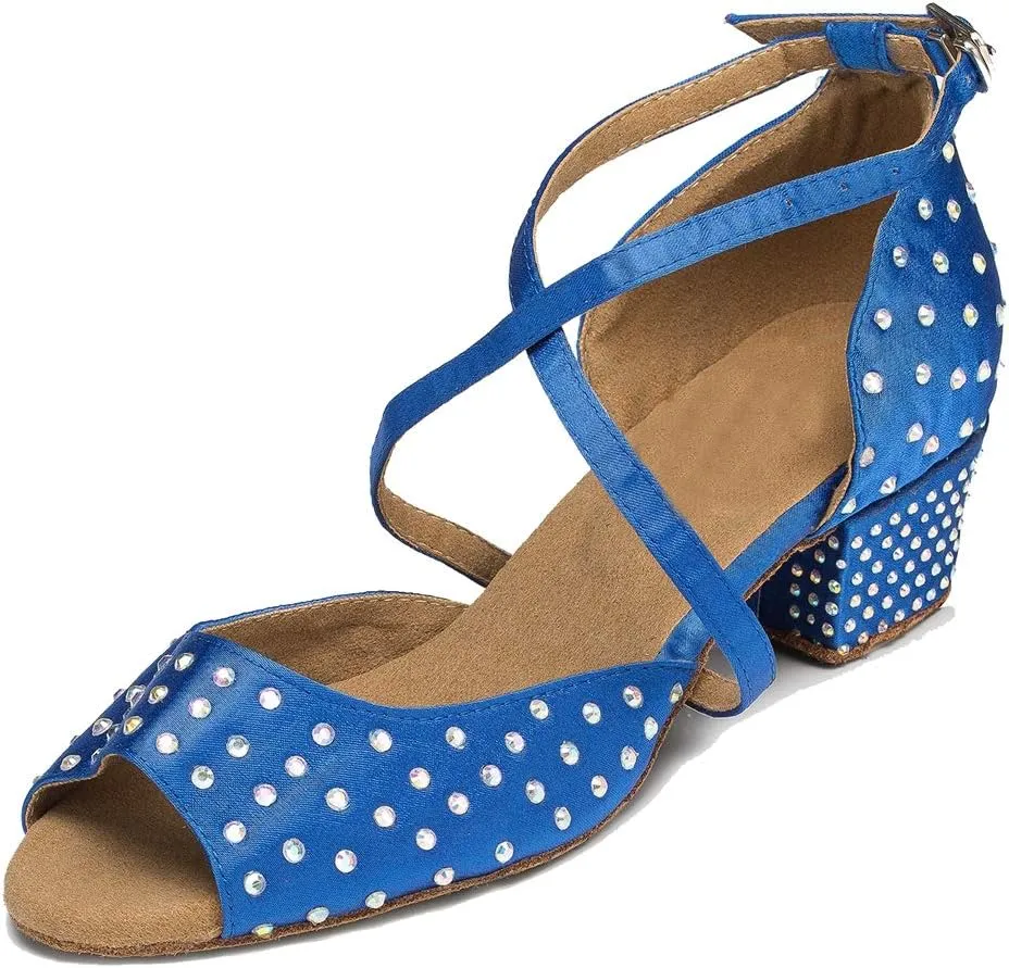 TDA Women's Peep Toe Cross strap Satin Rhinestones Latin Salsa Tango Character Modern Dance Wedding Shoes