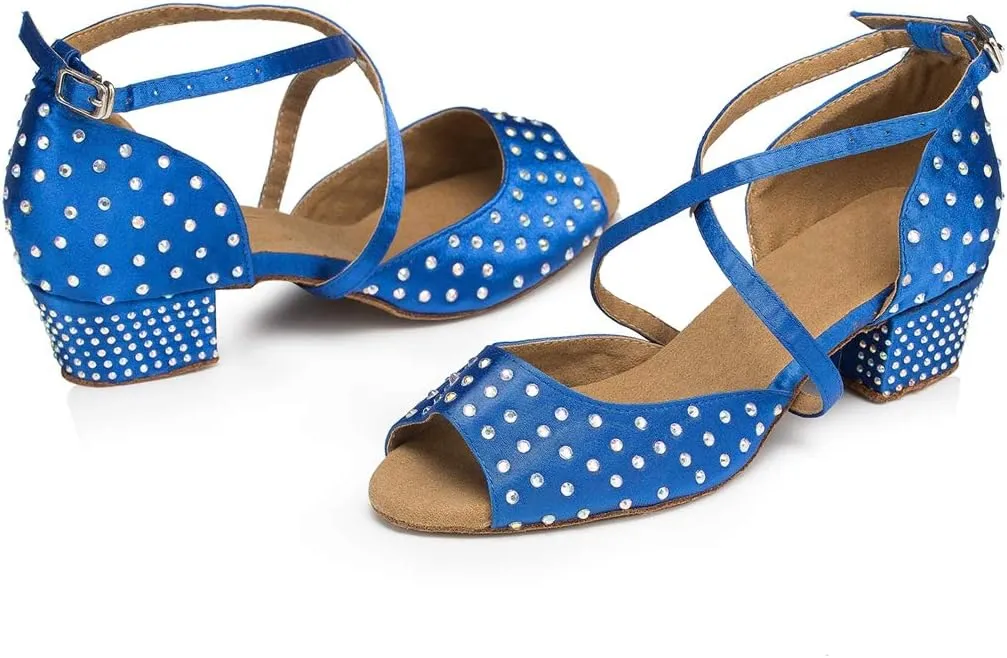 TDA Women's Peep Toe Cross strap Satin Rhinestones Latin Salsa Tango Character Modern Dance Wedding Shoes