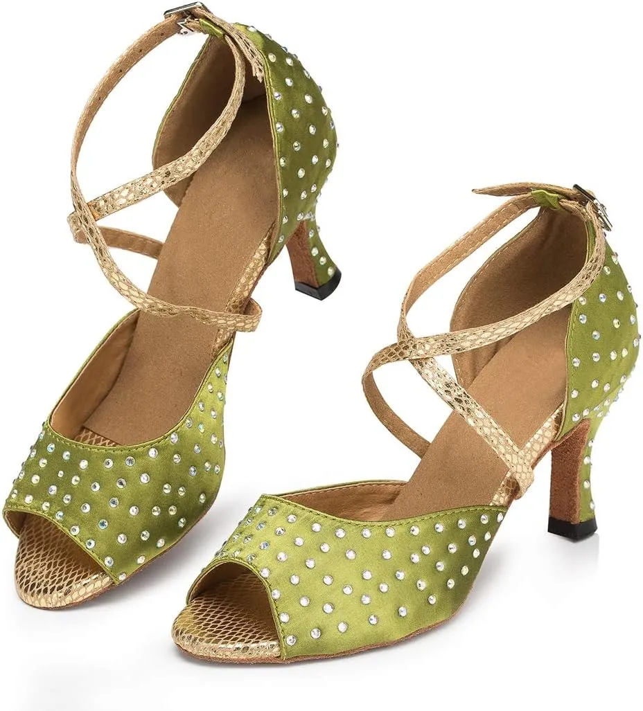 TDA Women's Peep Toe Cross strap Satin Rhinestones Latin Salsa Tango Character Modern Dance Wedding Shoes